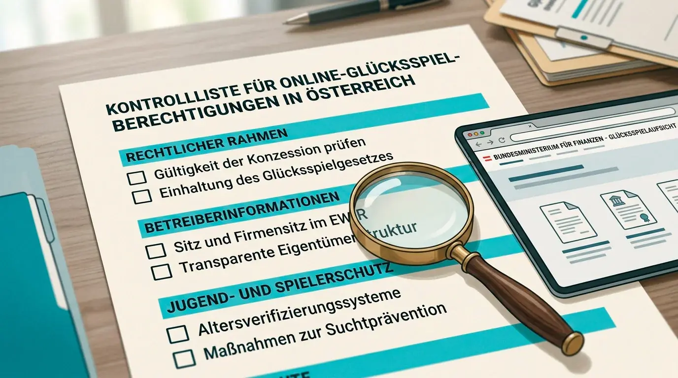 Geordnete Prüfliste mit Dokumenten und österreichischem Kontext für Online-Glücksspiel